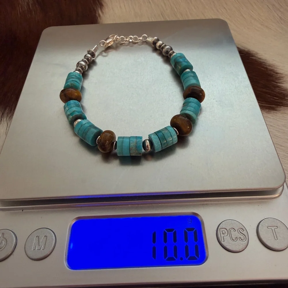 ❤️ 925 Desert Pearl Saucers Kingman Blue Turquoise Tigers Eye Bracelet 6.75+75”L